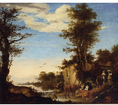 A RIVER LANDSCAPE WITH A SHEPHERD WITH HIS HERD ON A PATH CONVERSING WITH A WOMAN