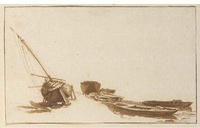 STUDY OF A WEYSCHUIT ON THE SHORE AND SOME ROWING BOATS IN THE WATER