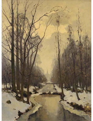 A STREAM IN A WINTER LANDSCAPE