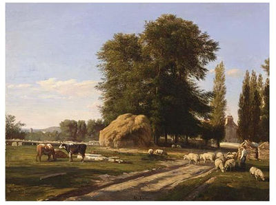 SHEEPS AND COWS IN A LANDSCAPE