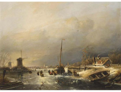 A WINTER LANDSCAPE WITH FIGURES ON THE ICE NEAR A BARGE, A TOWN BEYOND