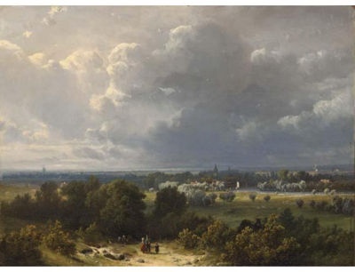FIGURES IN A PANORAMIC RIVER LANDSCAPE
