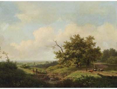 AN EXTENSIVE SUMMER LANDSCAPE WITH TRAVELLERS ON A PATH
