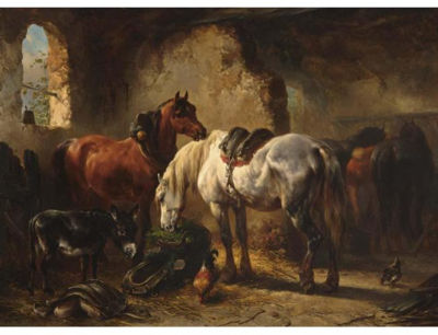 HORSES AND A DONKEY IN A STABLE