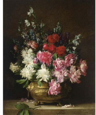 A FLOWER STILL LIFE WITH PEONIES, BELL-FLOWERS, ACONITES AND DELPHINIUM