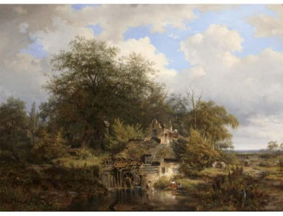 A HOMESTEAD WITH A WATERWHEEL ON THE BOUNDARIES OF A FOREST