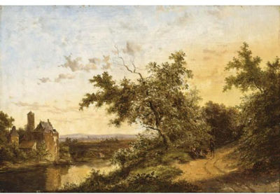 A PANORAMIC LANDSCAPE WITH FIGURES ON A COUNTRY ROAD; TRAVELLERS AT REST NEAR A CASTLE (A PAIR)