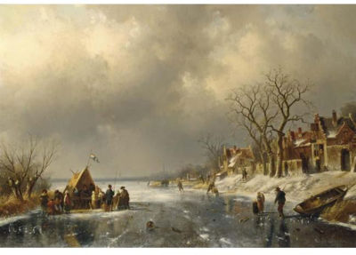 SKATERS ON A FROZEN RIVER WITH FIGURES NEAR A ´KOEK EN ZOPIE´