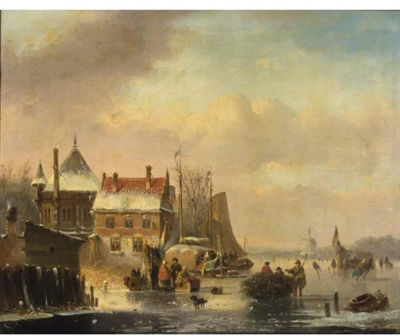 MANY SKATERS NEAR A TOWN ON THE WATERFRONT, A WINDMILL IN THE DISTANCE by Jacobus Van Der Stok - Auction record, sale price, and art valuation. Compare with similar artists and explore comparable artworks.