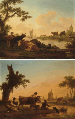 A RIVER LANDSCAPE WITH A SHEPHERDESS AND HER CATTLE IN THE FOREGROUND, A VIEW OF A VILLAGE WITH A CHURCH IN THE BACKGROUND AT SUNRISE;