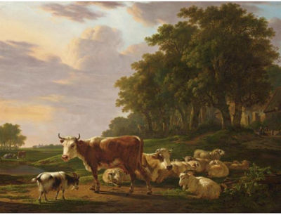 A LANDSCAPE WITH COWS, SHEEP AND GOATS, AND HOUSES NEAR THE EDGE OF A WOOD WITH FIGURES