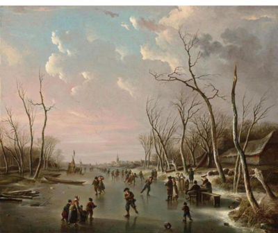 AN EXTENSIVE WINTER LANDSCAPE WITH SKATERS ON A FROZEN RIVER, A VIEW OF A TOWN BEYOND