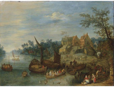 A RIVER LANDSCAPE WITH BOATS BY A VILLAGE AND FIGURES ON THE RIVER BANK