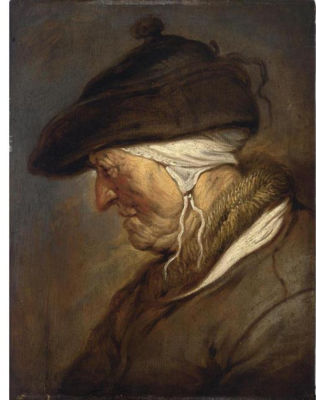 A STUDY OF AN ELDERLY LADY, HEAD AND SHOULDERS, EN PROFILE, LOOKING TO THE LEFT, WEARING A BONNET WITH A WHITE HEADDRESS UNDERNEATH AND A COAT WITH A FUR COLLAR
