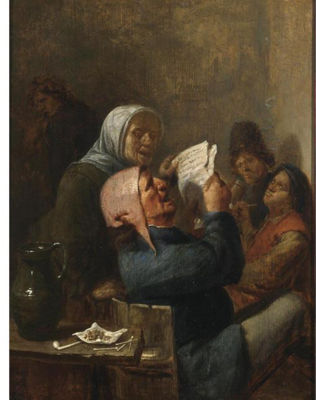 A MAN AND A WOMAN SINGING IN AN INN, OTHER PEASANTS SMOKING AND DRINKING NEARBY