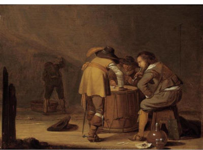 SOLDIERS IN A GUARDROOM SMOKING AND PLAYING DICE ON A DRUM