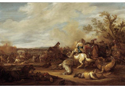 A CAVALRY BATTLE SCENE BEFORE A FORTIFIED TOWN
