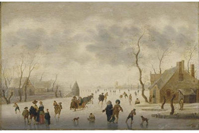 A WINTER LANDSCAPE WITH ELEGANT FIGURES SKATING AND A COUPLE IN A HORSE-DRAWN SLEIGH ON THE ICE