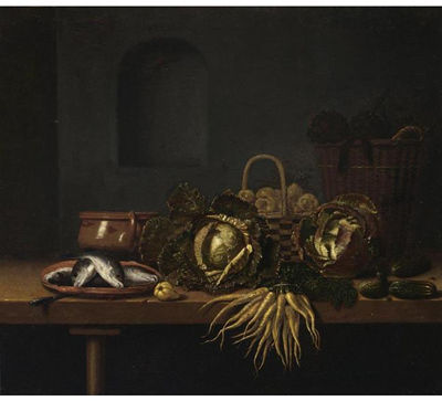 A STILL LIFE WITH CABBAGES, CARROTS, GHERKINS, FISH ON AN EARTHENWARE PLATE, AN EARTHENWARE POT AND TWO BASKETS WITH ARTICHOKES AND PEARS, ALL ON A WOODEN TABLE WITH A PEAR
