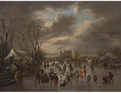 A WINTER LANDSCAPE WITH A VIEW OF HAARLEM FROM THE NORTH WITH THE EENTJES OR LEIDSE WATERPOORT AND THE LANGEBRUG, AND A VIEW OF THE ST. BAVO AND THE BAKENESSE CHURCH BEYOND