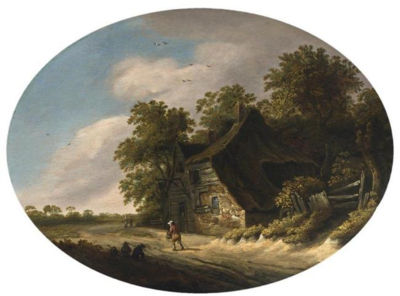 A LANDSCAPE WITH TRAVELLERS ON A PATH PASSING A FARM