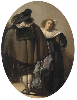 AN ELEGANT COUPLE CONVERSING IN AN INTERIOR