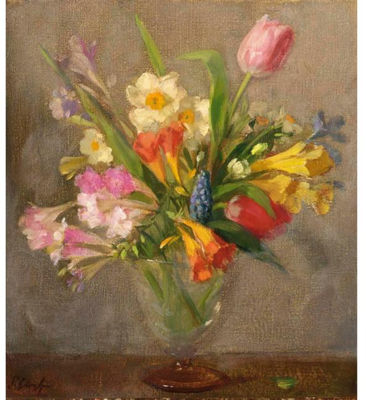 A FLOWER STILL LIFE WITH TULIPS AND DAFFODILS