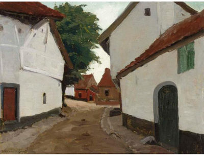 'OUDE HUIZEN IN DE MAASSTRAAT TE URMOND' (LIMBURG)