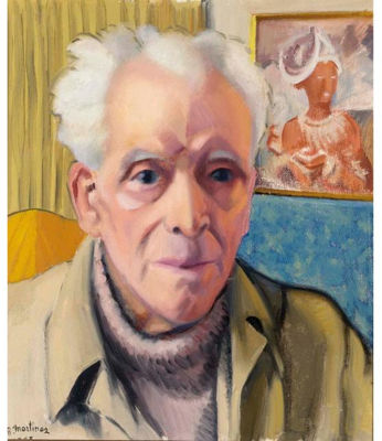Portrait of Raoul Martinez: A SELF PORTRAIT, WITH A PAINTING OF A BALINESE WOMAN ON THE WALL
