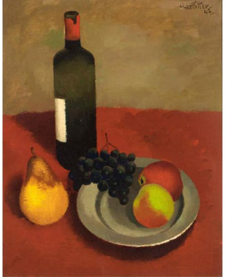 A STILL LIFE WITH AN APPLE, A PEAR, GRAPES AND A WINEBOTTLE