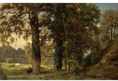 A COWHERDESS WITH HER CATTLE RESTING UNDER A TREE