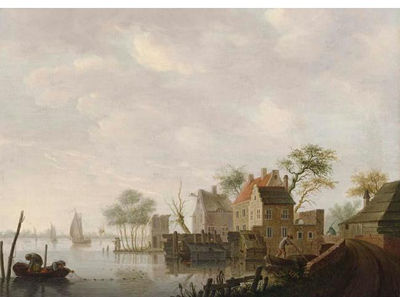 A VILLAGE ALONG A RIVER WITH FISHERMEN FISHING IN FRONT, THREE SAILING VESSELS BEYOND