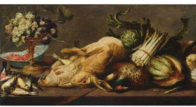 A STILL LIFE OF A HARE, A PHEASANT, A PARTRIDGE, SONG BIRDS, ASPARAGUS, A MELON, ARTICHOKES, TOGETHER WITH A SILVER-GILT TAZZA WITH GRAPES AND SHRIMPS IN WAN-LI BOWLS, ALL ON A WOODEN TABLE