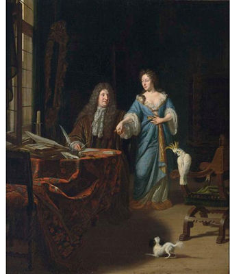 A PORTRAIT OF AN ELEGANT COUPLE BEHIND A TABLE IN AN ELABORATE INTERIOR WITH A CHINESE LACQUER DRAWER ACCOMPANIED BY A DOG AND A COCKATOO ON A CHAIR