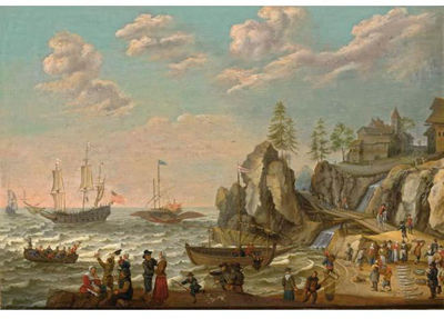 A COASTAL LANDSCAPE WITH A GALLEY, AN ENGLISH GALLEY FRIGATE, A FISHER PINK, AND A ROWING BOAT ON CHOPPY WATERS, FISHERMEN UNLOADING AND SELLING THEIR CATCH ON THE BEACH NEAR A VILLAGE