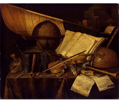 A VANITAS STILL LIFE WITH DIFFERENT BOOKS, A SKULL, A CRUCIFIX AND AN HOUR-GLASS, ST. JEROME IN THE BACKGROUND