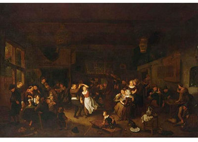 A PEASANT FEAST IN AN INN, WITH A COUPLE DANCING AND OTHER PEASANTS DRINKING, EATING AND PLAYING MUSIC TOGETHER WITH CHILDREN