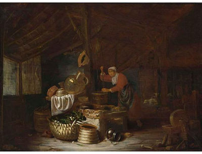 AN INTERIOR OF A BARN WITH A MAID DRAWING WATER FROM A WELL, NEAR A STILL LIFE OF A COPPER BOWL, EARTHENWARE POTS, A BARREL AND ONIONS AND PARSNIPS IN A BASKET, SHEEP BEYOND