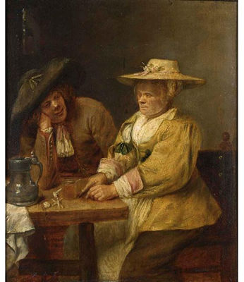 A COUPLE AT A TABLE DRINKING AND CUTTING TOBACCO