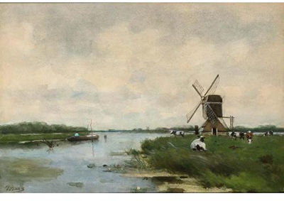 A River Landscape with a Windmill and Cattle by Victor Bauffe - Auction record, sale price, and art valuation. Compare with similar artists and explore comparable artworks.