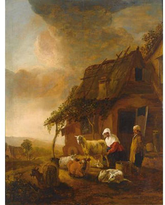 A Shepherdess Milking Sheep Near a Farmhouse