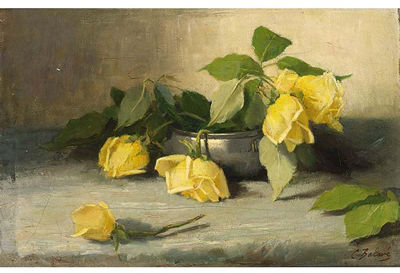 A Still Life with Yellow Roses in a Pewter Pot