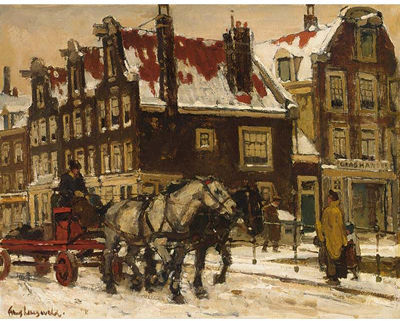 A Horse Drawn Cart on a Bridge in Wintry Amsterdam by Frans Langeveld - Auction record, sale price, and art valuation. Compare with similar artists and explore comparable artworks.