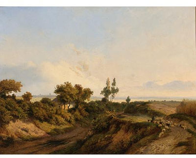 A SHEPHERD AND HIS FLOCK IN A SUMMER LANDSCAPE