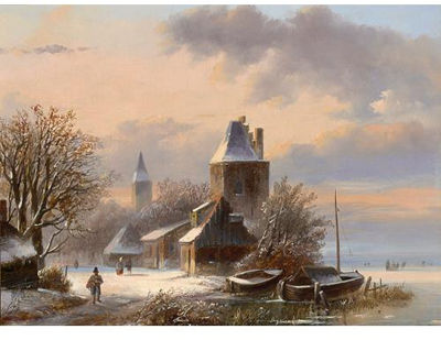 A WINTER LANDSCAPE WITH FIGURES IN THE STREETS OF A RIVERSIDE TOWN