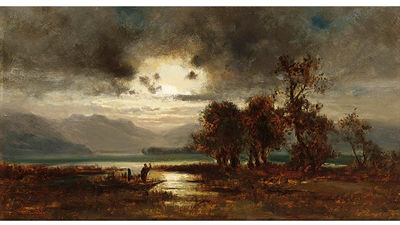 FISHERMAN IN HIS BOAT IN A FLUVIAL LANDSCAPE