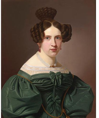A PORTRAIT OF EMILIE FEUSTELL, DEPICTED HALF LENGTH WEARING A GREEN LACE LINED DRESS