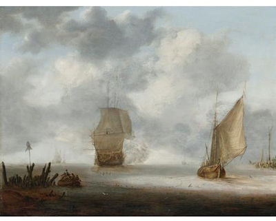 A CALM SEA WITH A MAN OF WAR AND A FISHING BOAT