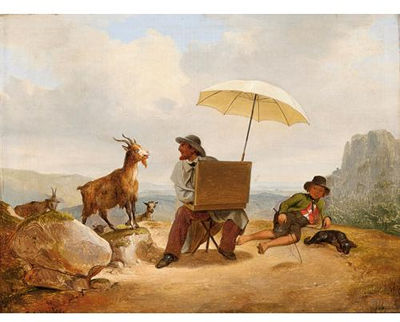 AN ARTIST PAINTING GOATS IN A MOUNTAINOUS LANDSCAPE