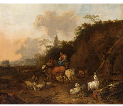 A ITALIANATE LANDSCAPE WITH A SHEPHERDESS AND HER CATTLE